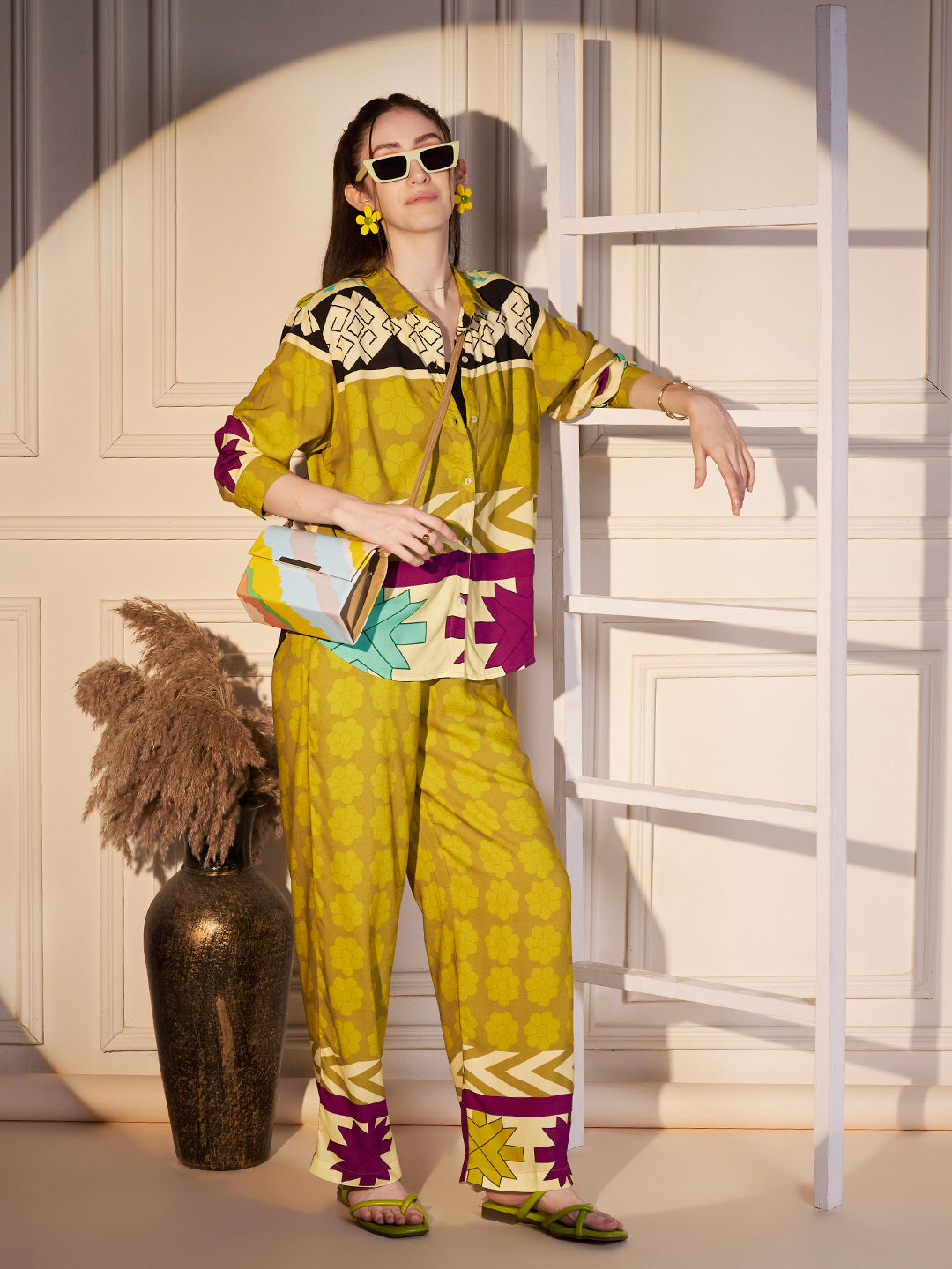 Abstract Geo Print Co-ord Set in Lime & Magenta