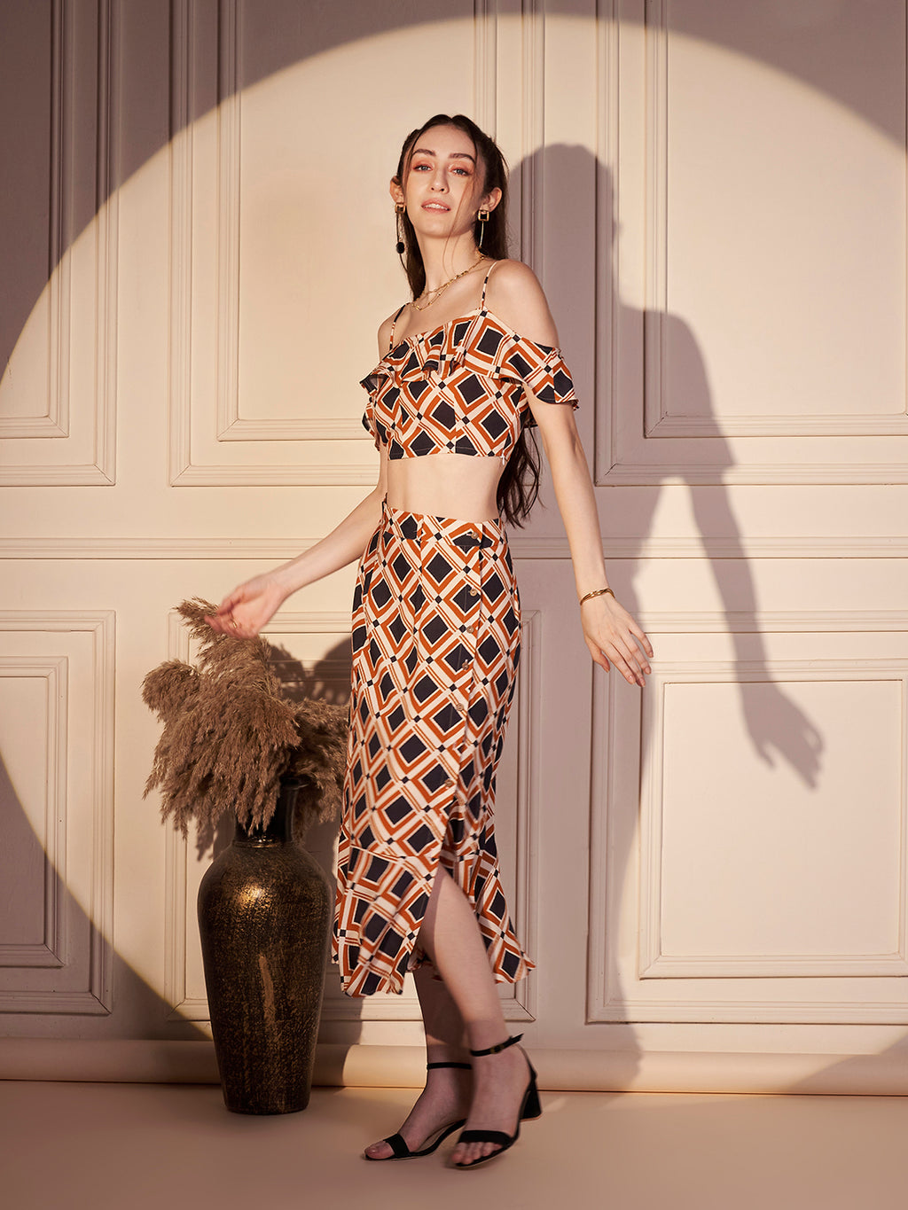 Retro Geo Print Off-Shoulder Co-ord Set