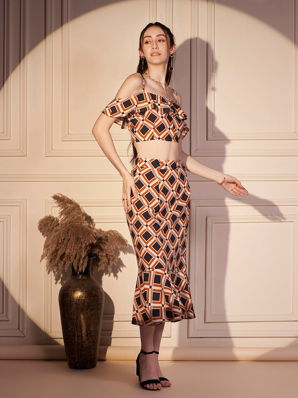 Retro Geo Print Off-Shoulder Co-ord Set