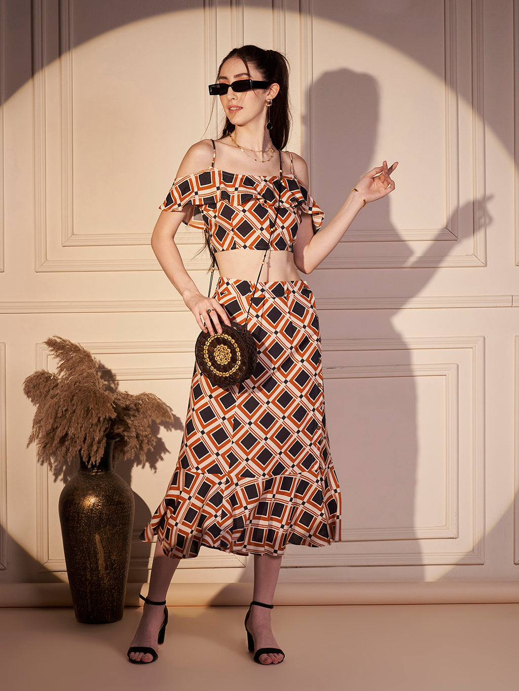 Retro Geo Print Off-Shoulder Co-ord Set