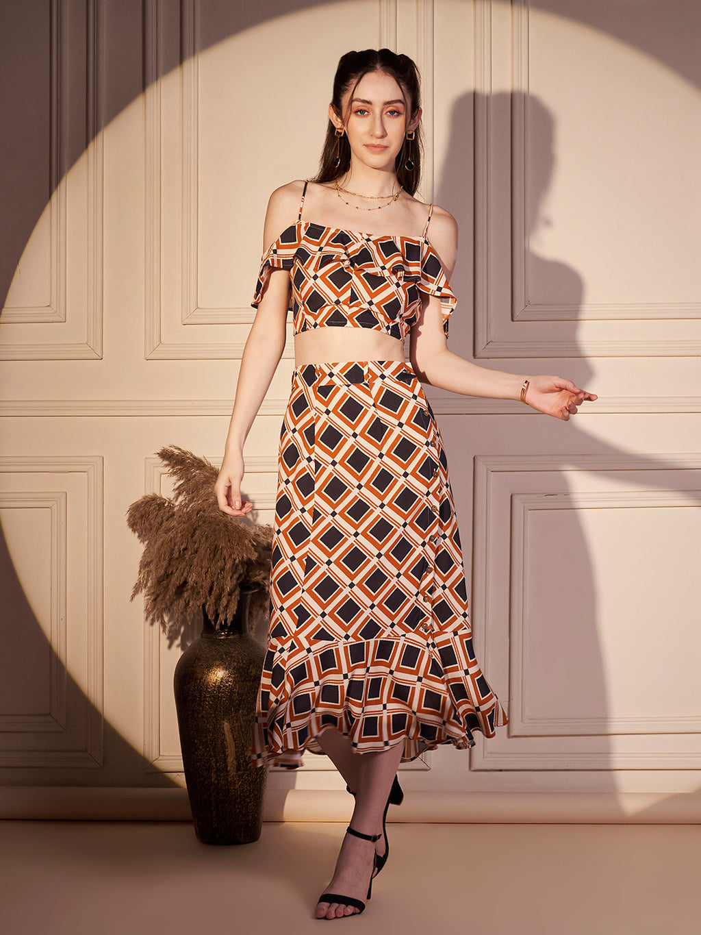 Retro Geo Print Off-Shoulder Co-ord Set