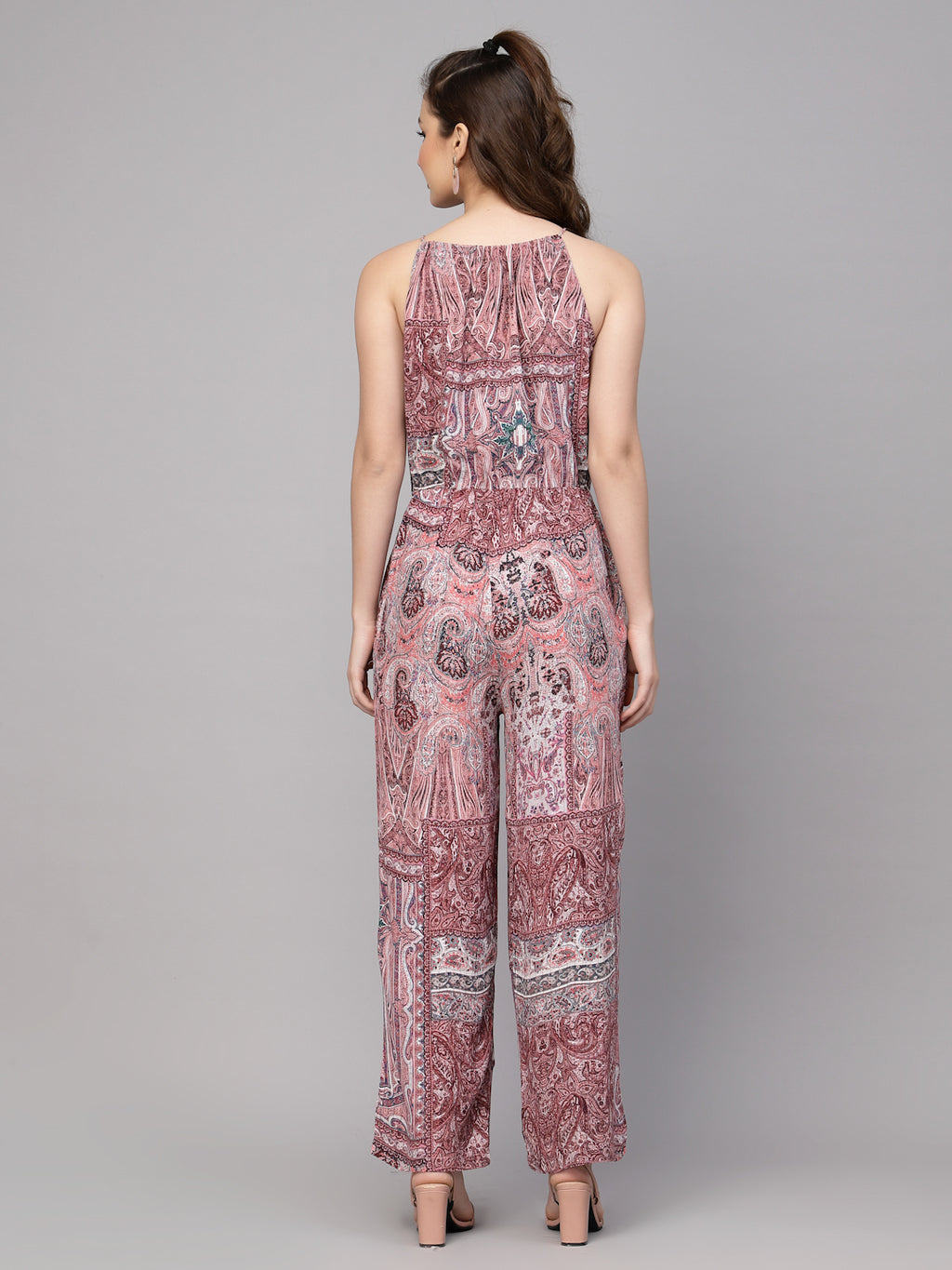 Valbone Women's Maroon Viscose Printed Tie Pattern Jumpsuit