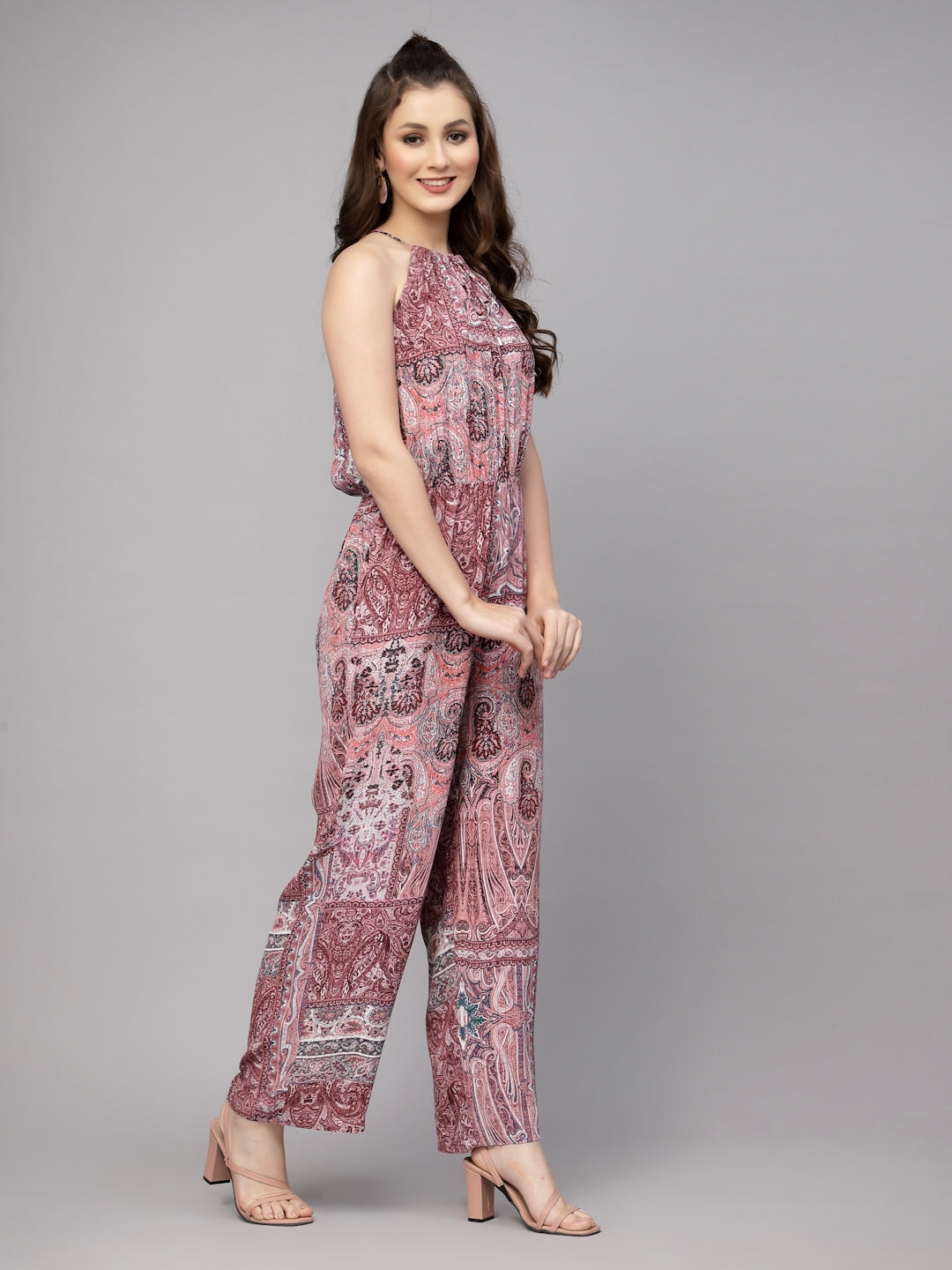 Valbone Women's Maroon Viscose Printed Tie Pattern Jumpsuit