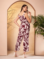 TopHill Textile Women's Maroon & White Abstract Printed Cotton Jumpsuit | Sleeveless Tie-Up Waist Wide Leg Jumpsuit
