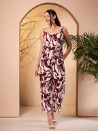 TopHill Textile Women's Maroon & White Abstract Printed Cotton Jumpsuit | Sleeveless Tie-Up Waist Wide Leg Jumpsuit