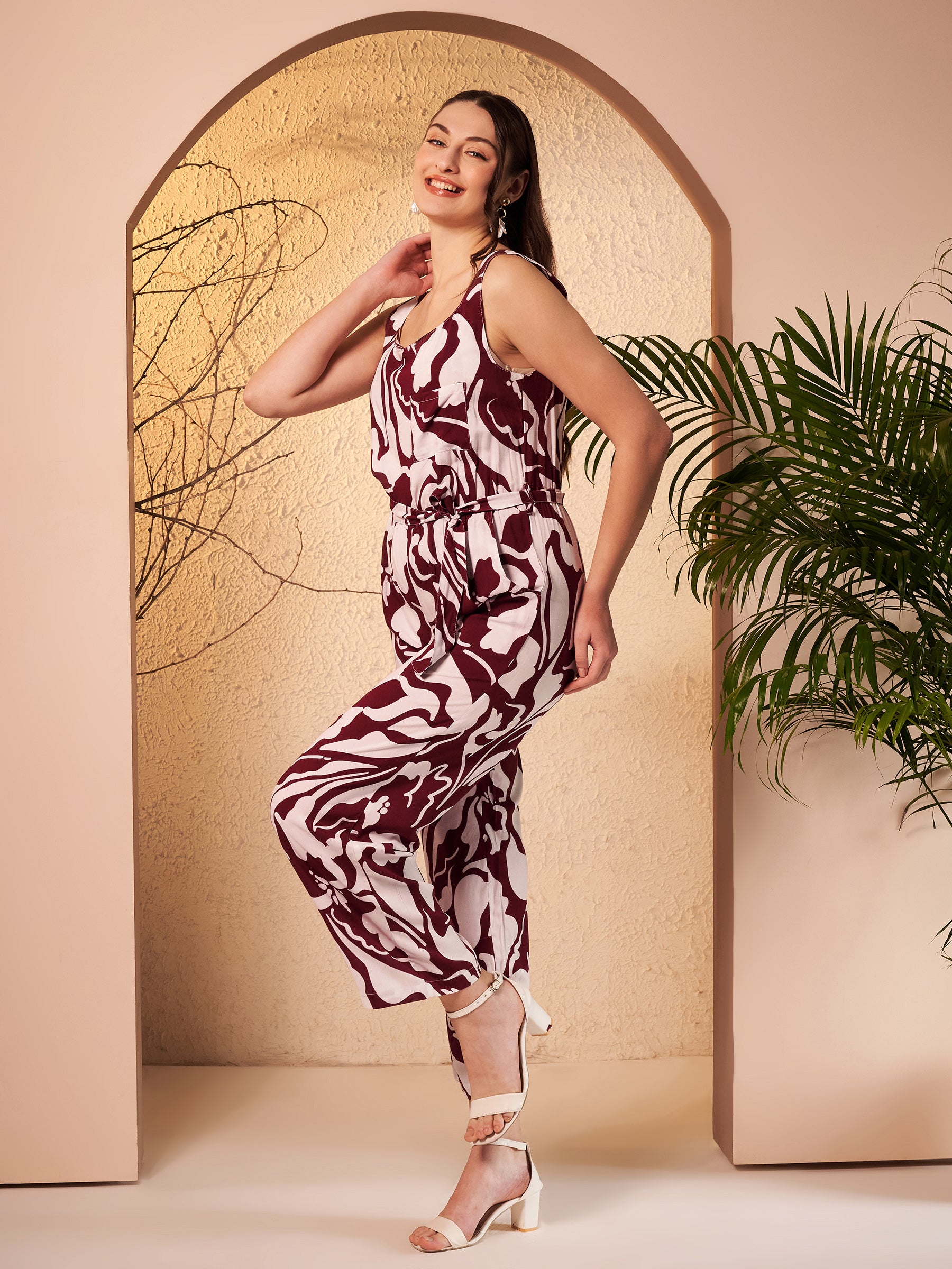 Wine Abstract Printed Jumpsuit