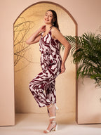 TopHill Textile Women's Maroon & White Abstract Printed Cotton Jumpsuit | Sleeveless Tie-Up Waist Wide Leg Jumpsuit