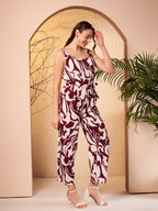 TopHill Textile Women's Maroon & White Abstract Printed Cotton Jumpsuit | Sleeveless Tie-Up Waist Wide Leg Jumpsuit