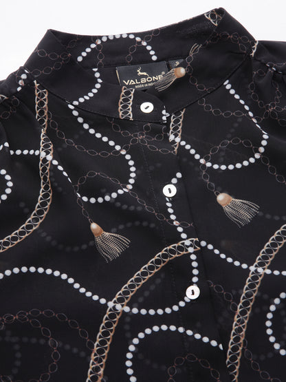 Valbone Women’s Black Georgette Printed Shirt Full Sleeves