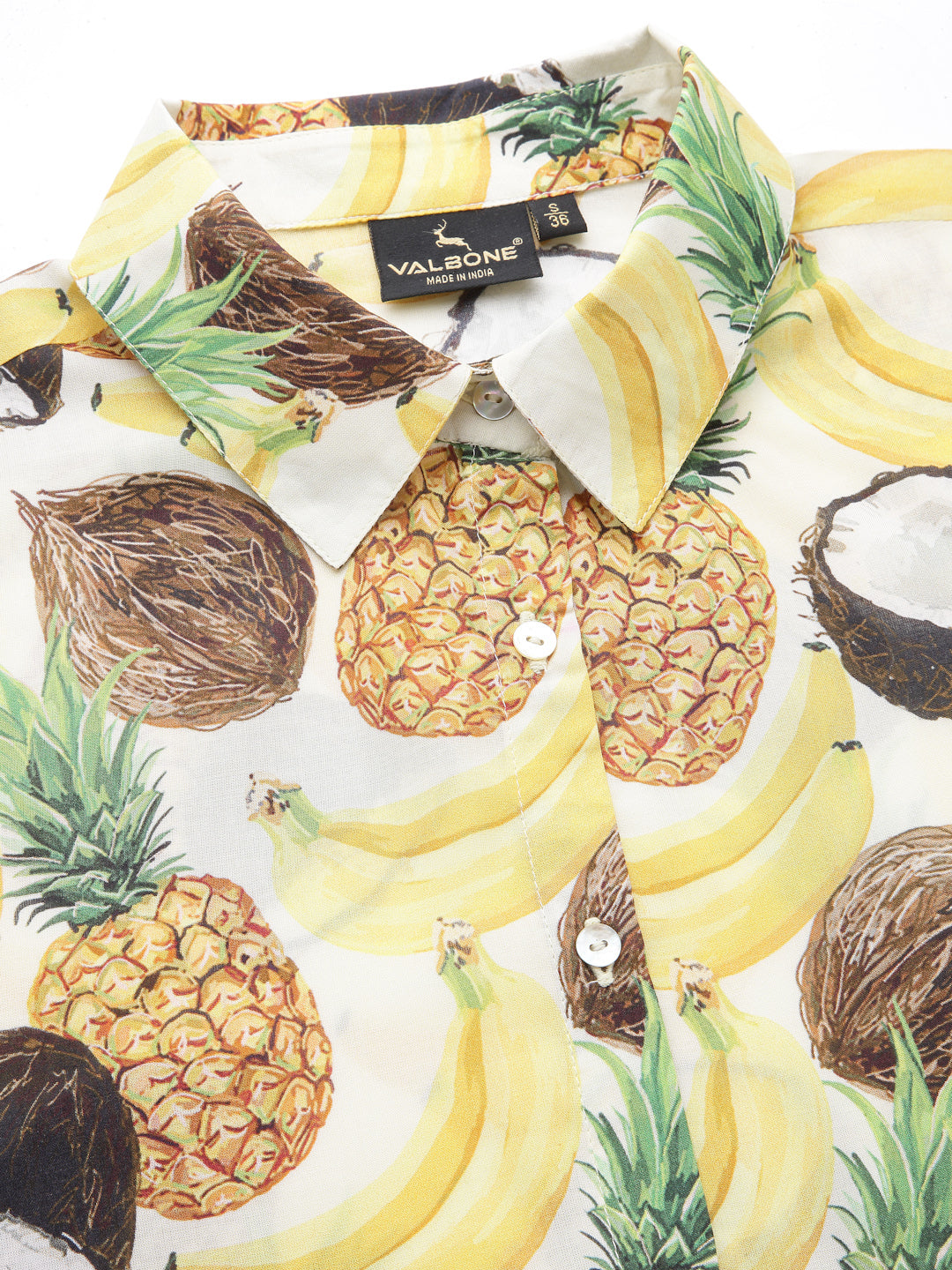Valbone Women’s Yellow Fruits Printed Modal Silk Half Sleeves Button Closure Shirt