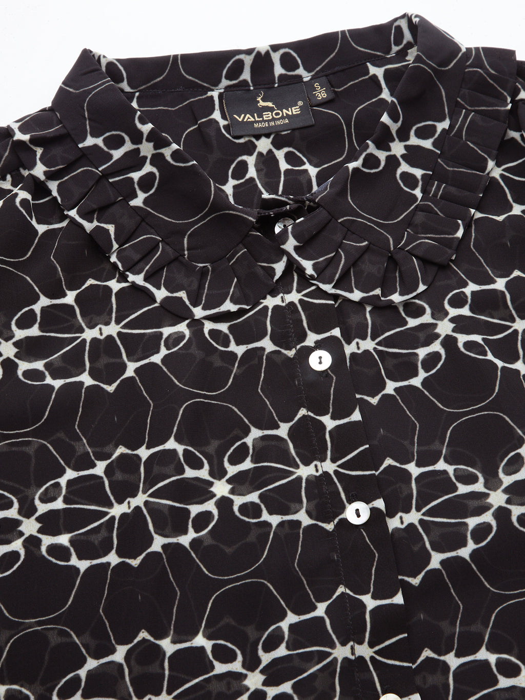 Valbone Women’s Black Georgette Floral Printed Shirt Collar Neck