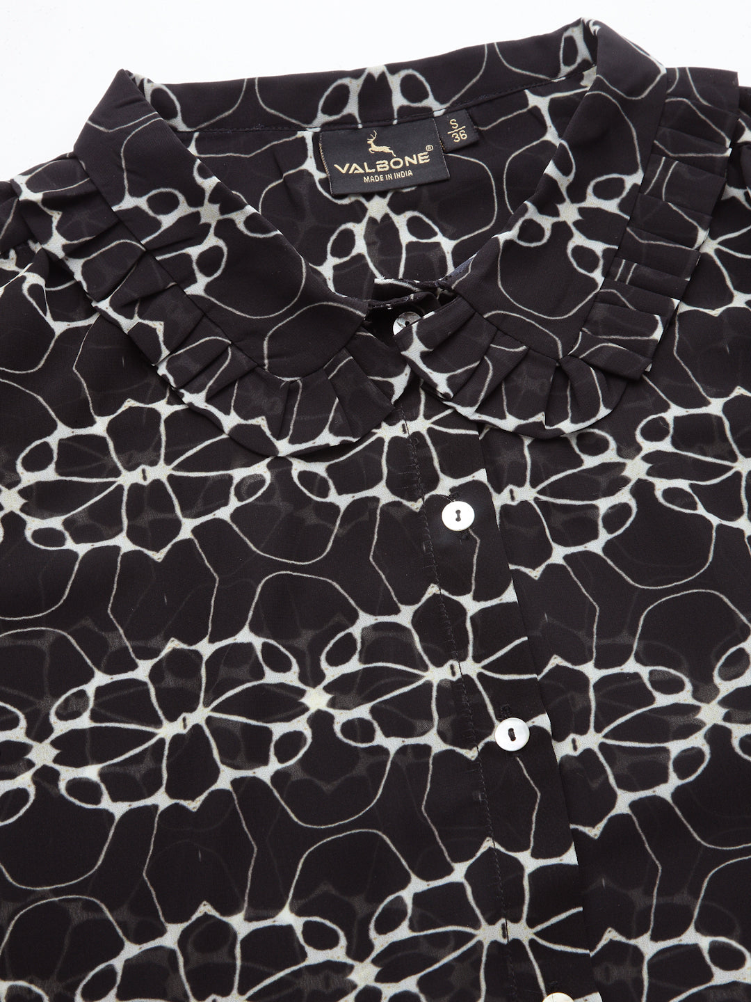 Valbone Women’s Black Georgette Floral Printed Shirt Collar Neck