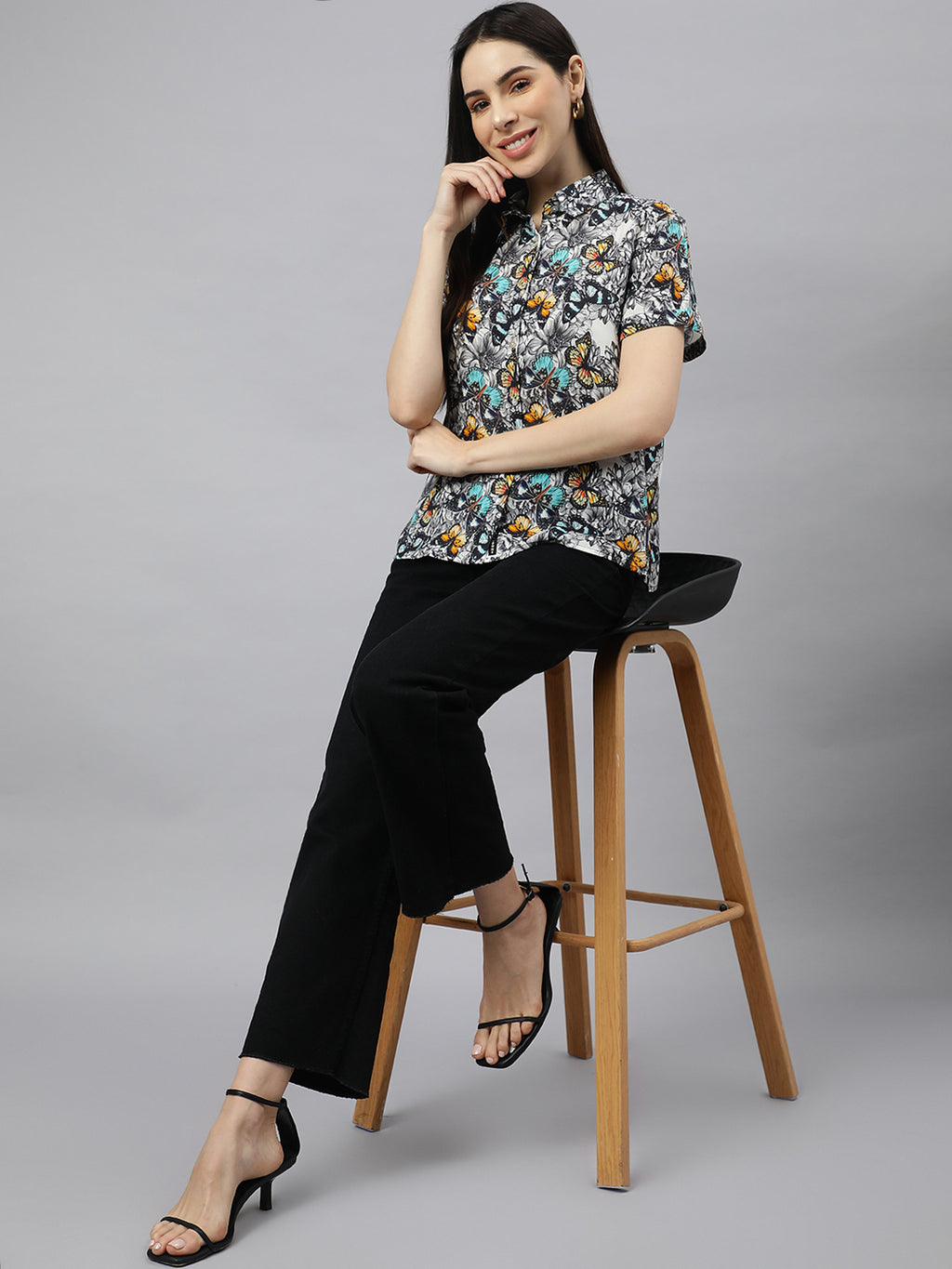 Valbone Women’s Black Modal Silk Butterfly Printed Shirt Half Sleeves