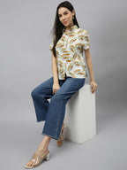 Valbone Women’s Yellow Modal Silk (Sea Fish & Boat) Printed Shirt