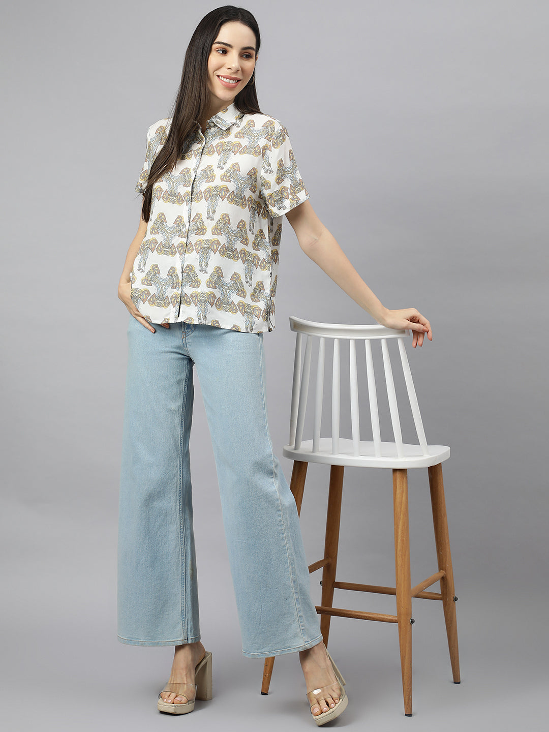 Valbone Women’s white Modal Silk Printed Shirt Half Sleeves