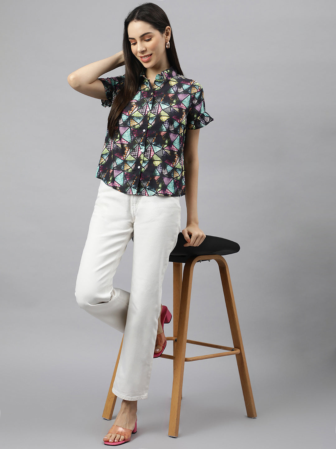 Valbone Women’s Multi-color Geometric Modal Silk Printed Shirt Half Sleeves