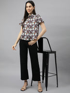 Valbone Women’s White & Orange Modal Silk Butterfly Printed Shirt Half Sleeves