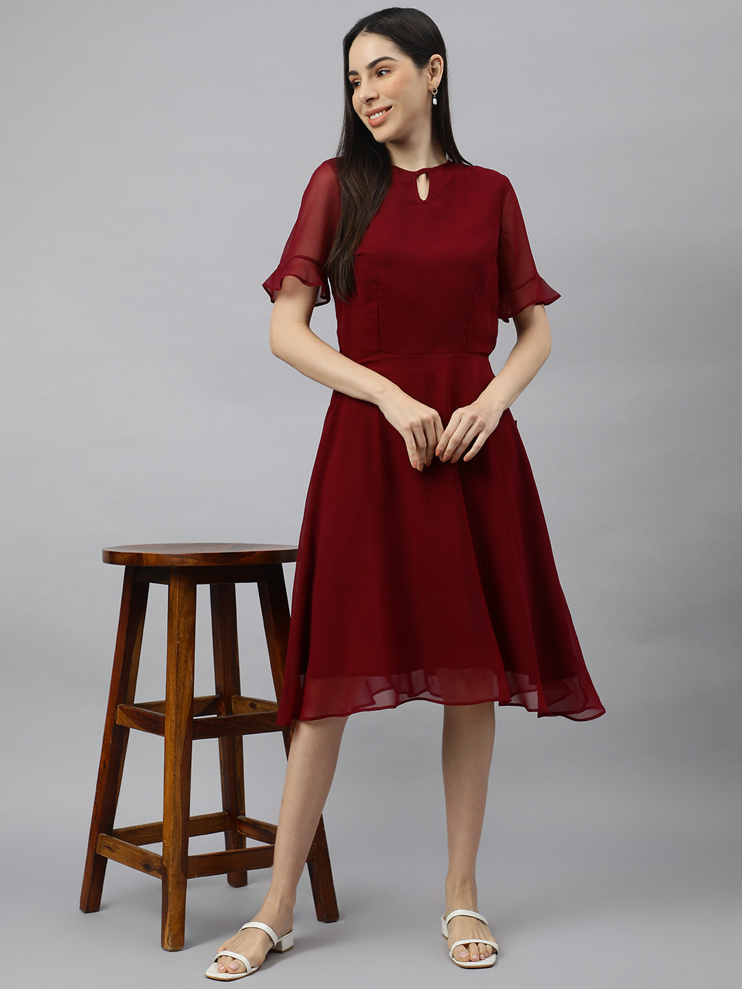 Red solid Midi Dress