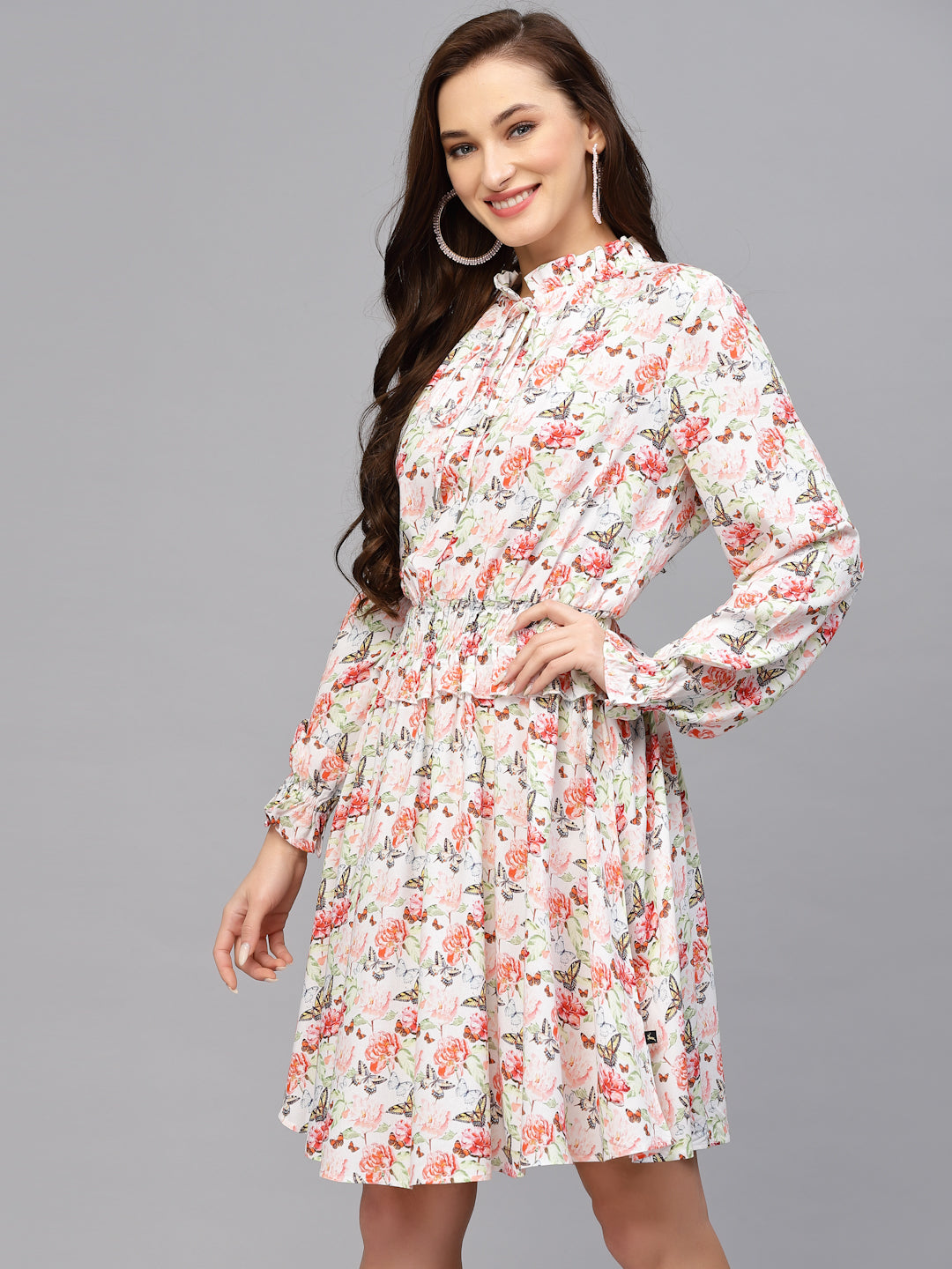 Valbone Women’s Peach Floral Viscose Printed Knee Length Dress