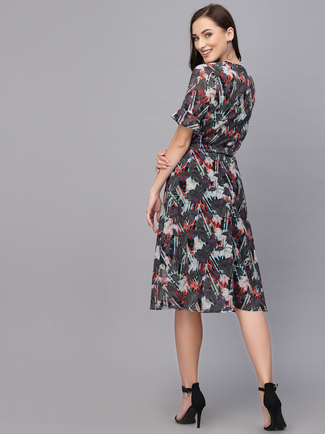 Valbone Women’s Grey Georgette Floral Printed Dress 3/4 Sleeves with Matching Balt