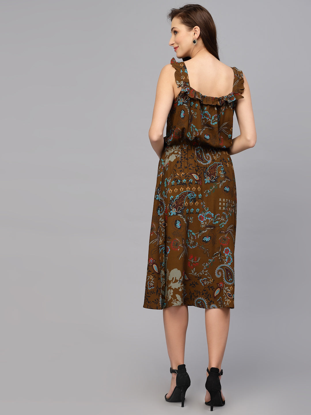 Brown Viscose Floral Print Dress