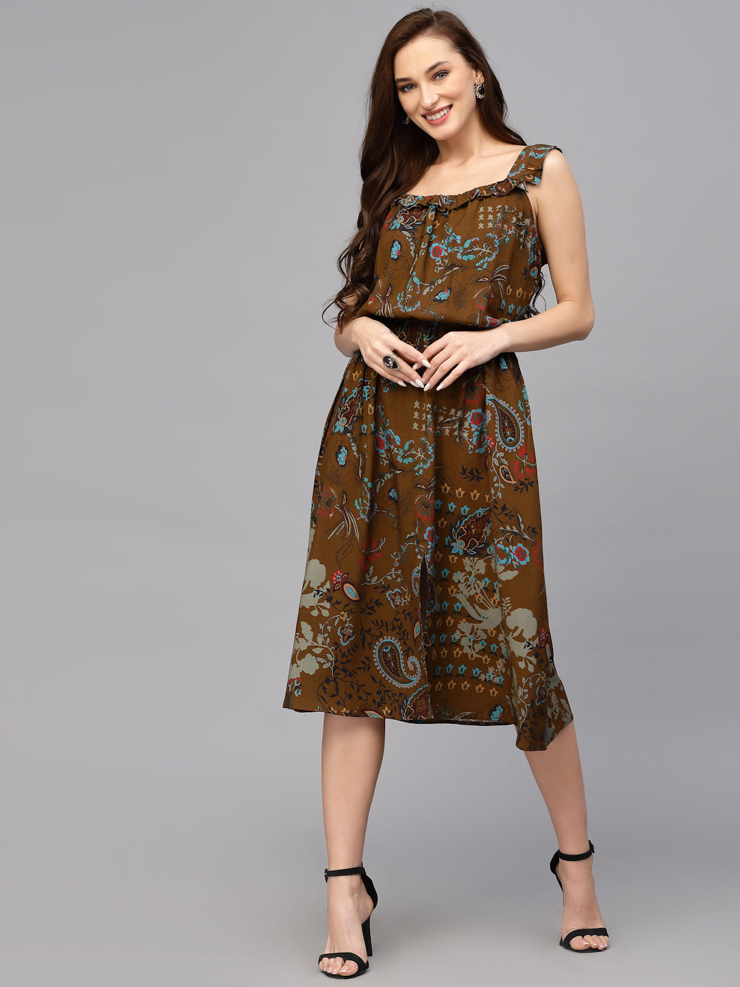 Brown Viscose Floral Print Dress