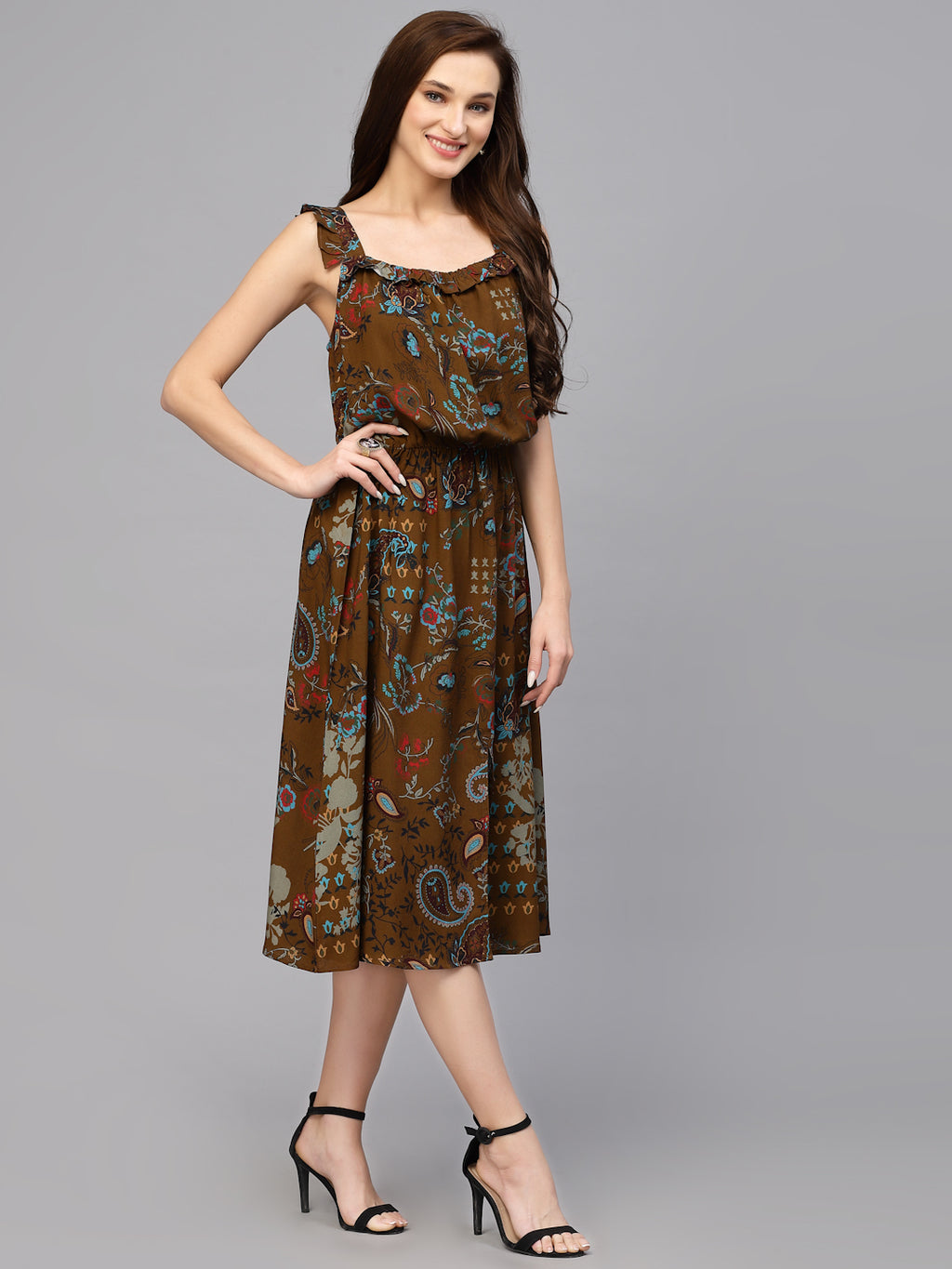 Brown Viscose Floral Print Dress