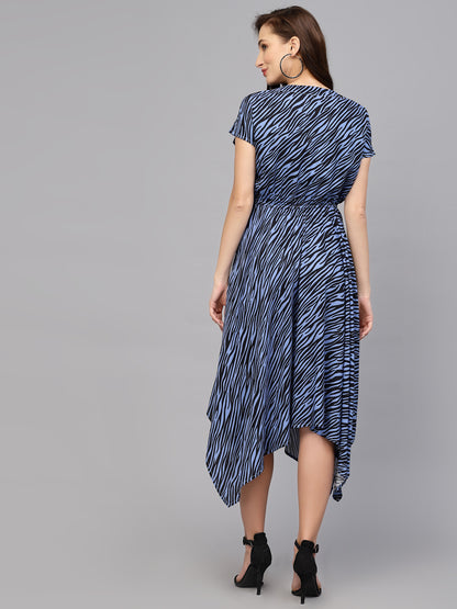 Valbone Women’s Blue & Black Printed Rayon One Piece Dress with Short Sleeves