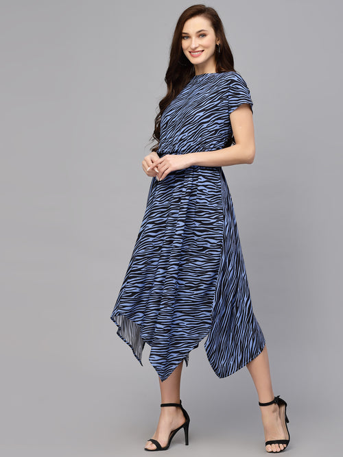 Valbone Women’s Blue & Black Printed Rayon One Piece Dress with Short Sleeves