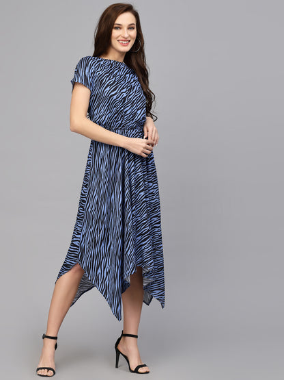 Valbone Women’s Blue & Black Printed Rayon One Piece Dress with Short Sleeves