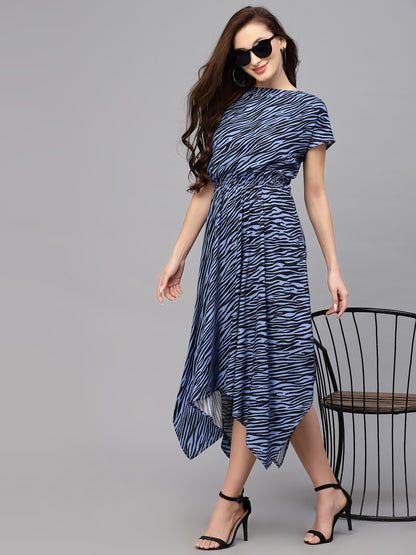 Valbone Women’s Blue & Black Printed Rayon One Piece Dress with Short Sleeves