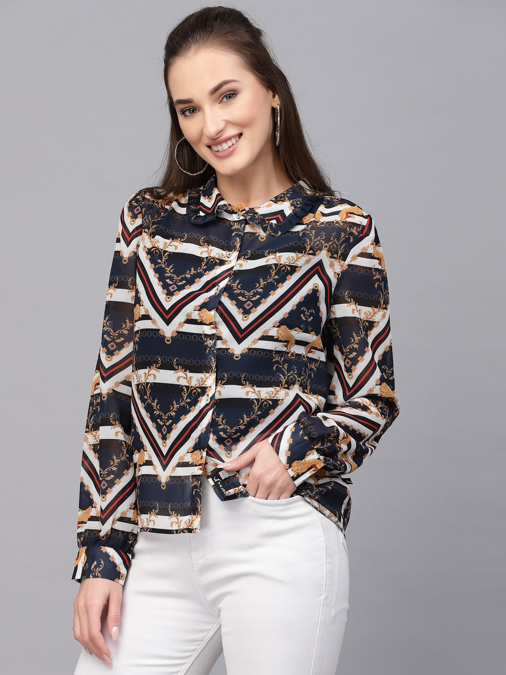 Valbone Women’s Blue Georgette Printed Shirt