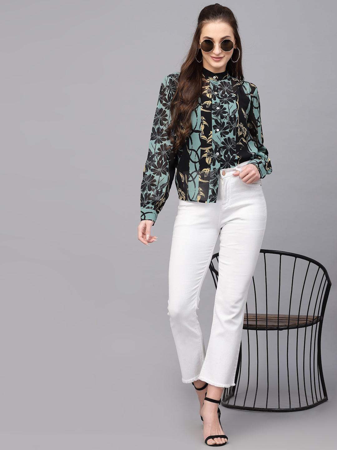 Valbone Women’s Black Green Georgette Floral Printed Shirt