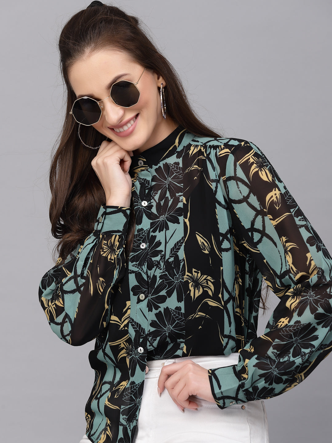 Valbone Women’s Black Green Georgette Floral Printed Shirt