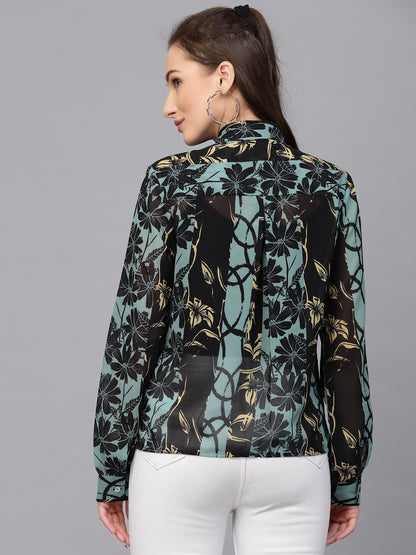 Valbone Women’s Black Green Georgette Floral Printed Shirt