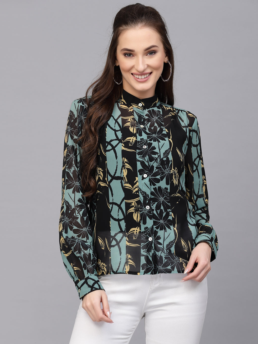 Valbone Women’s Black Green Georgette Floral Printed Shirt