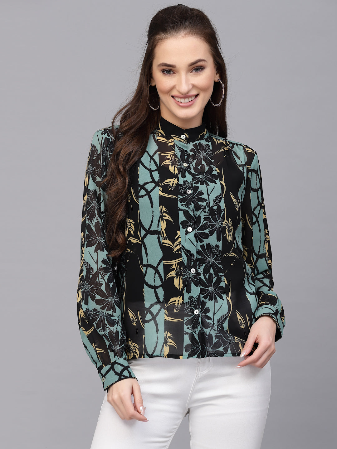 Valbone Women’s Black Green Georgette Floral Printed Shirt