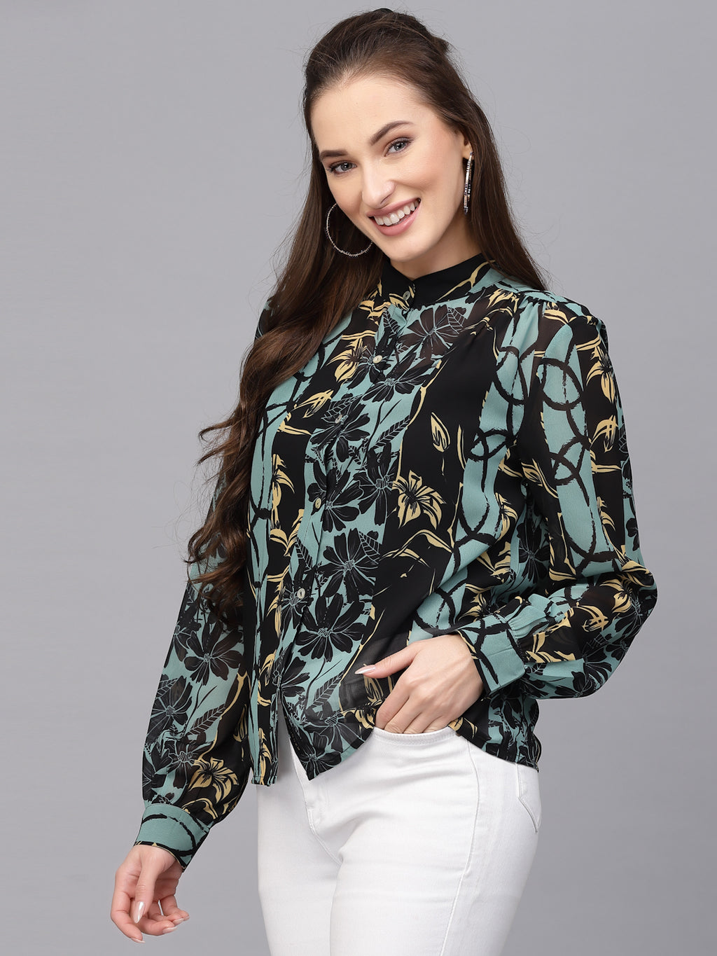 Valbone Women’s Black Green Georgette Floral Printed Shirt