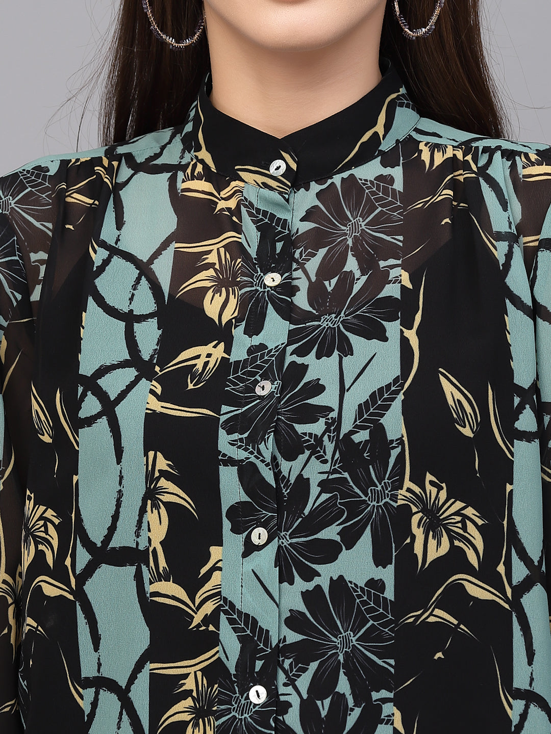 Valbone Women’s Black Green Georgette Floral Printed Shirt