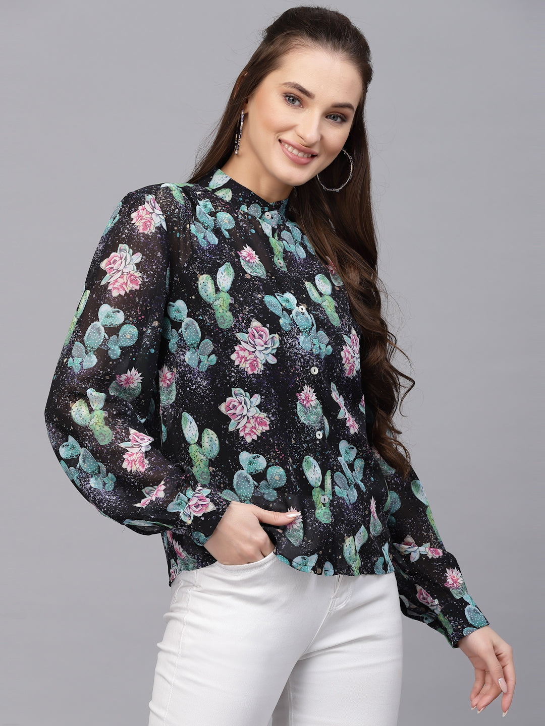 Valbone Women’s Blue Georgette Printed Shirt