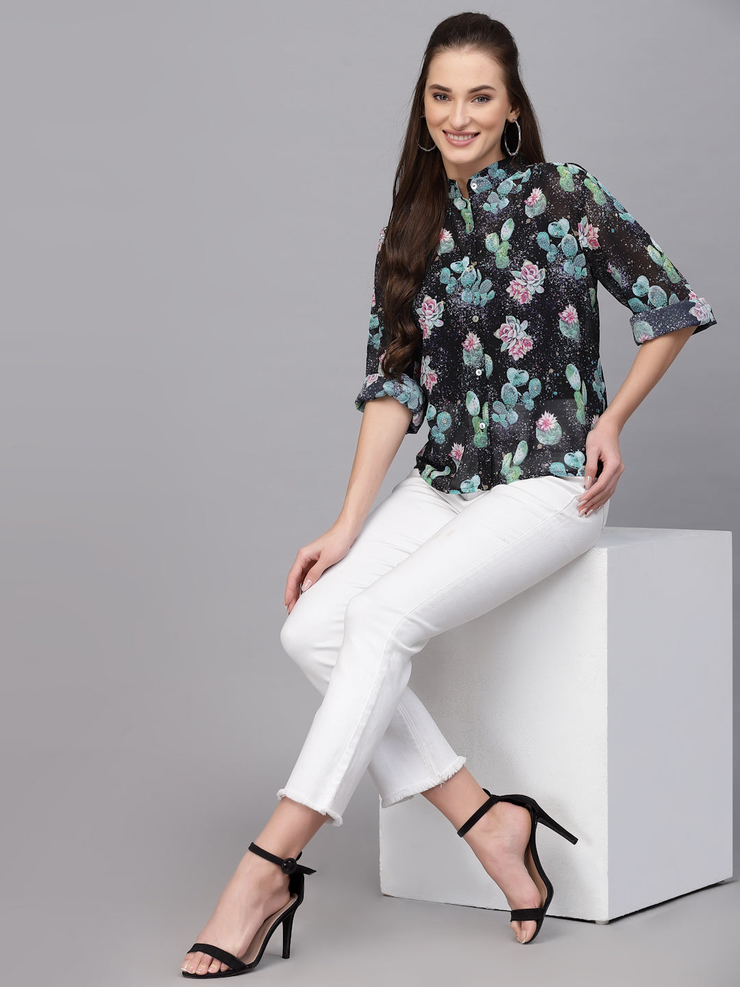 Valbone Women’s Blue Georgette Printed Shirt