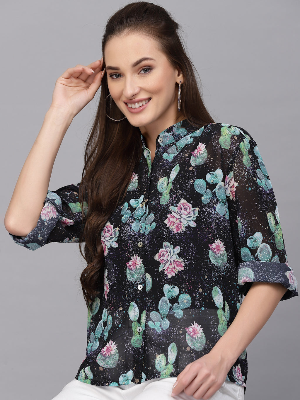 Valbone Women’s Blue Georgette Printed Shirt