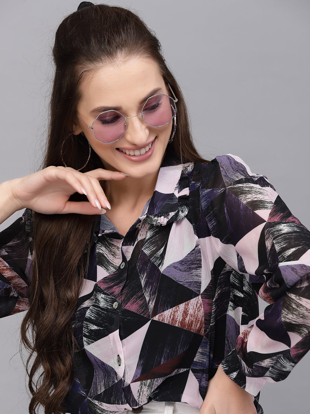 Valbone Women’s Dark Blue Georgette Printed Shirt