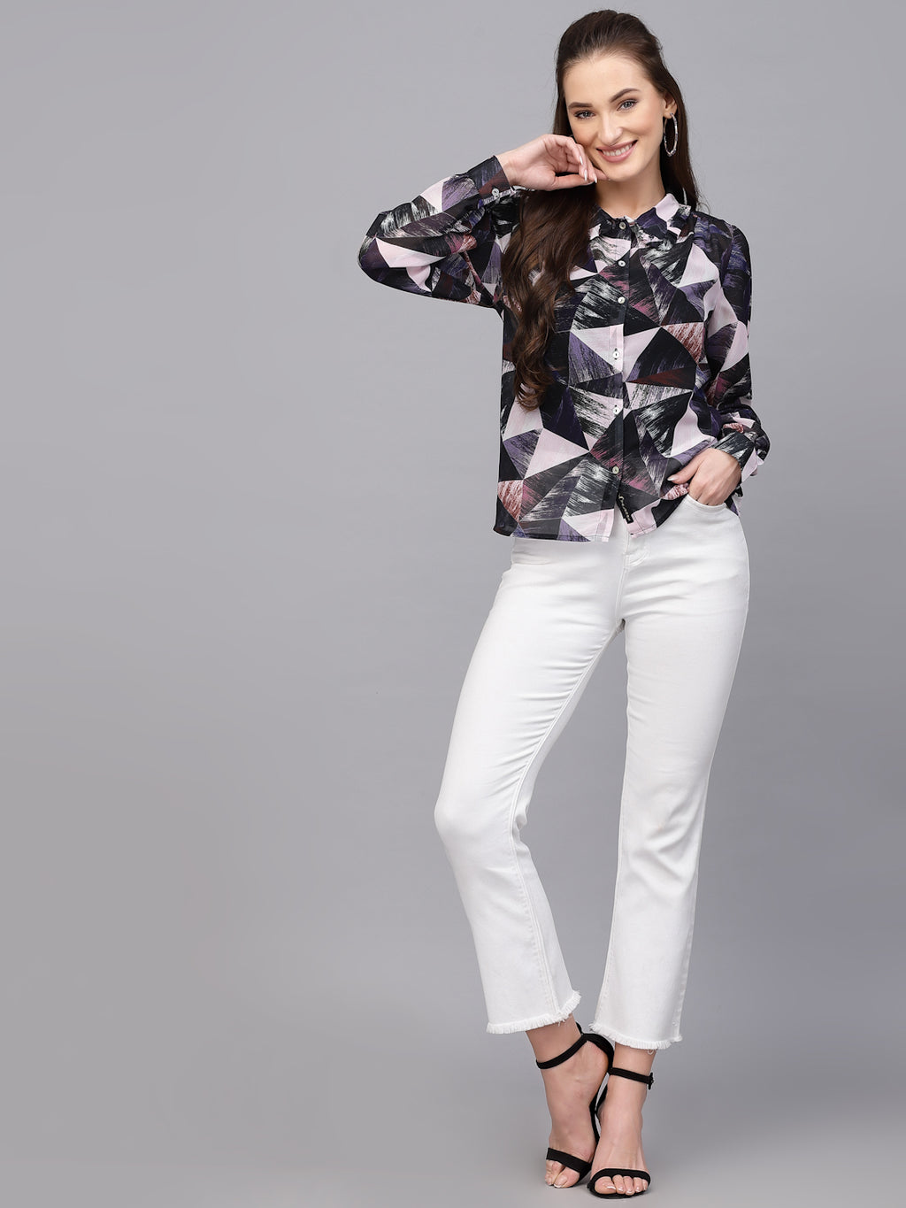 Valbone Women’s Dark Blue Georgette Printed Shirt