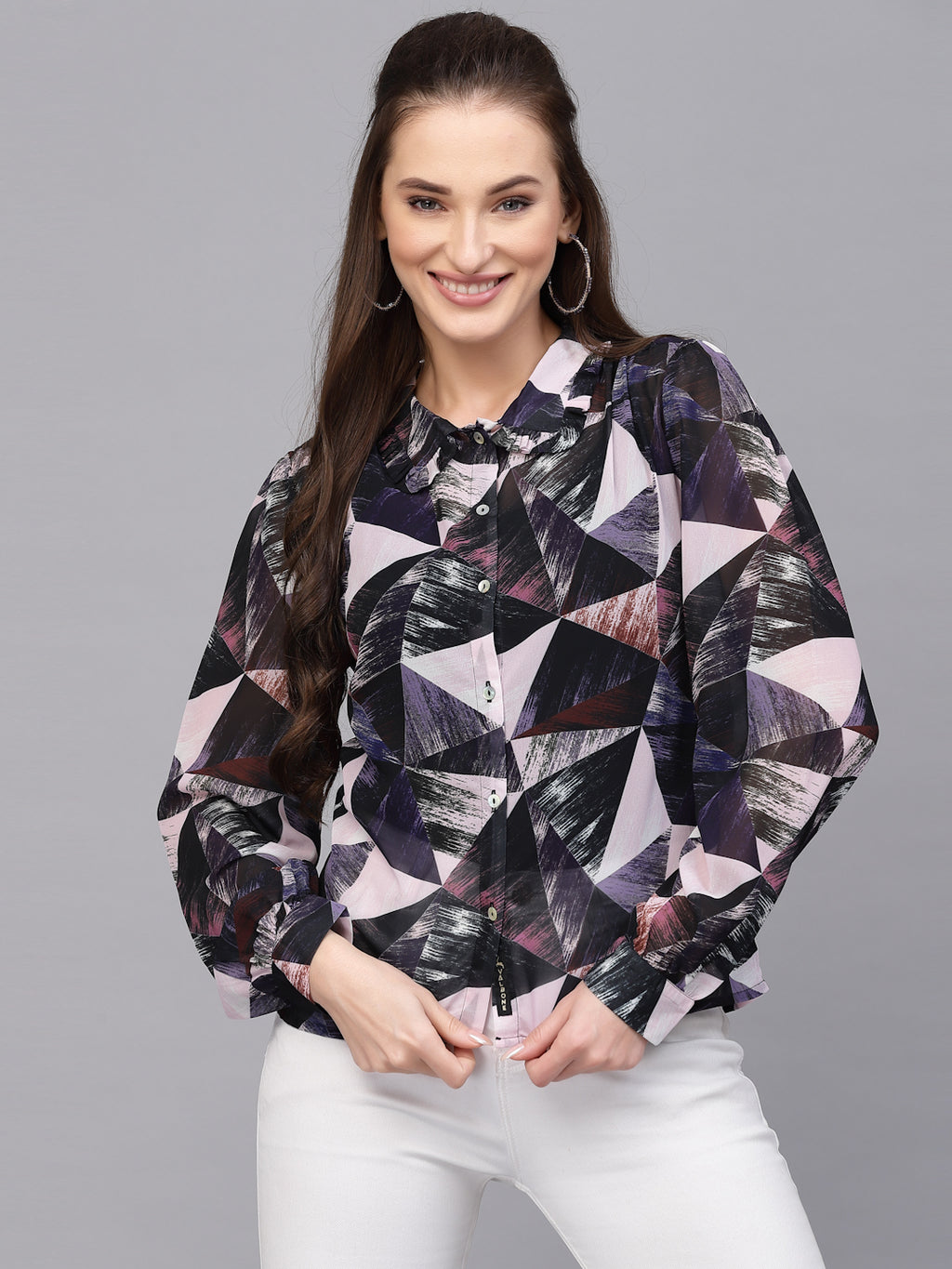 Valbone Women’s Dark Blue Georgette Printed Shirt