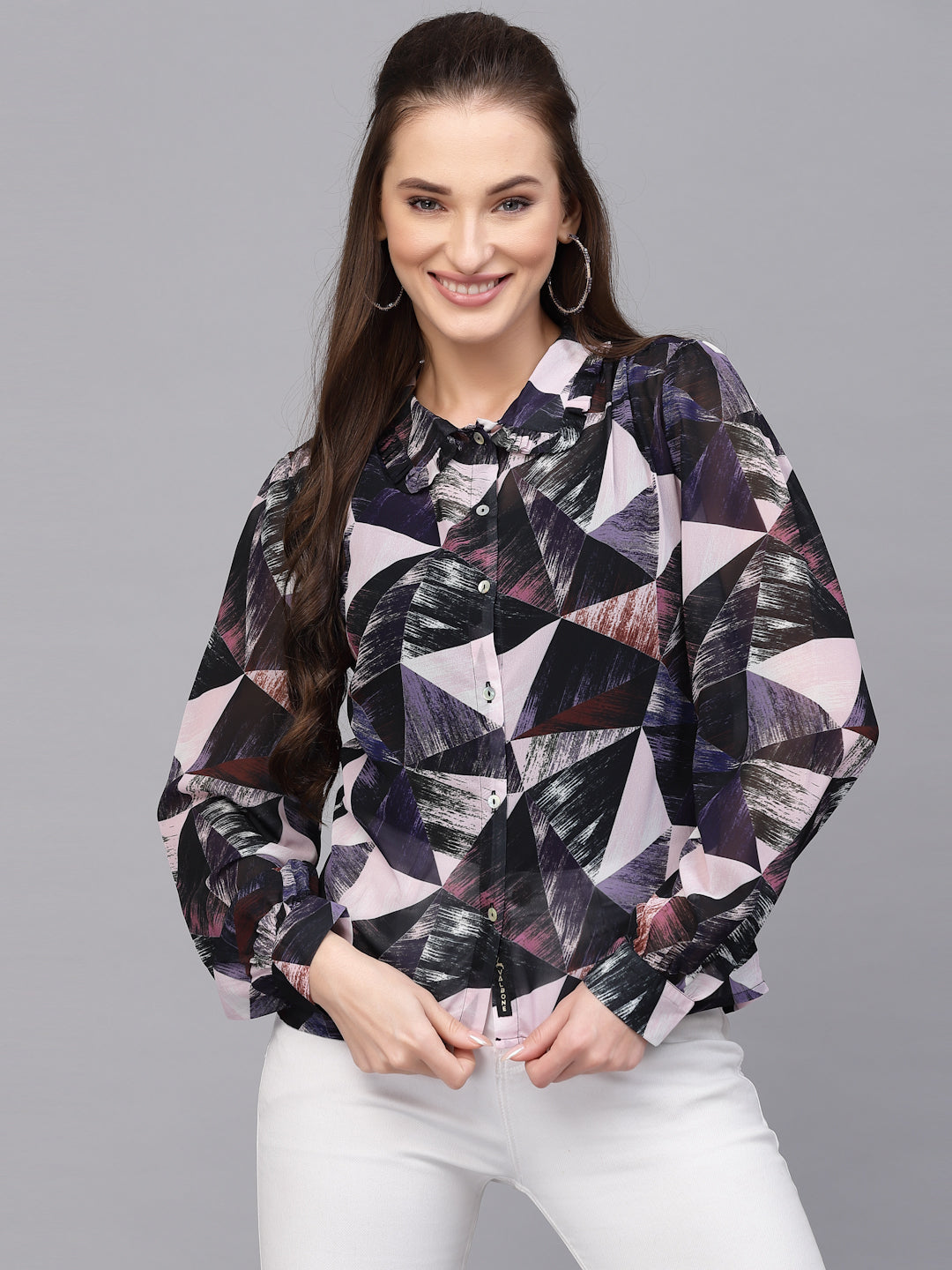 Valbone Women’s Dark Blue Georgette Printed Shirt