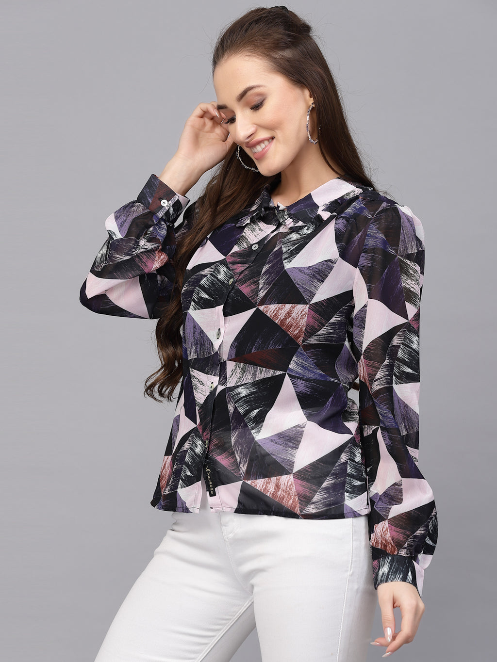 Valbone Women’s Dark Blue Georgette Printed Shirt