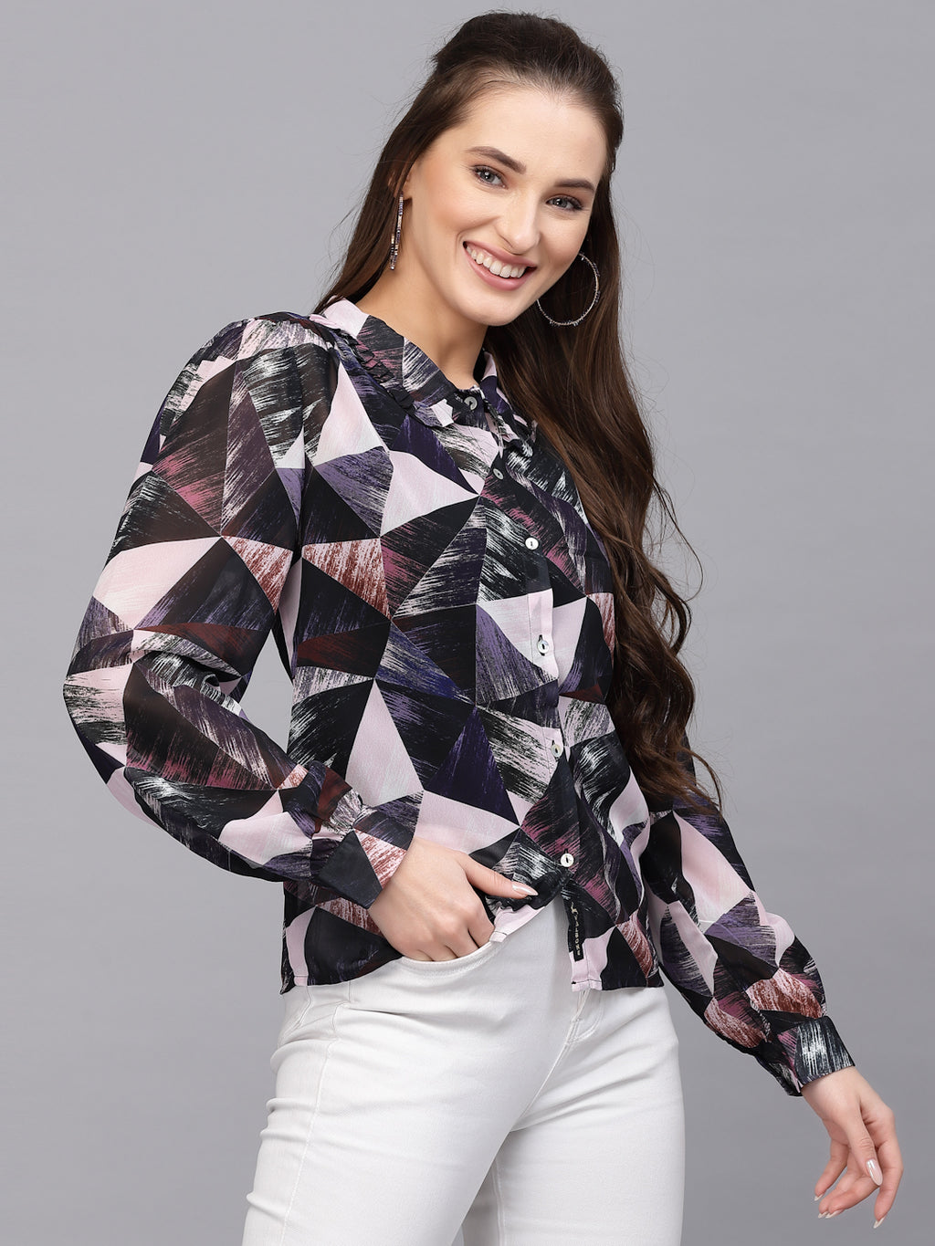 Valbone Women’s Dark Blue Georgette Printed Shirt