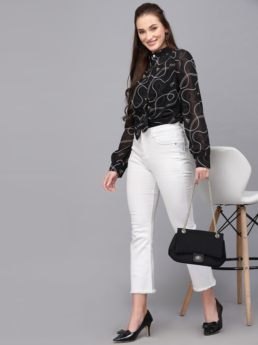 Valbone Women’s Black Georgette Printed Shirt Full Sleeves