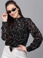 Valbone Women’s Black Georgette Printed Shirt Full Sleeves